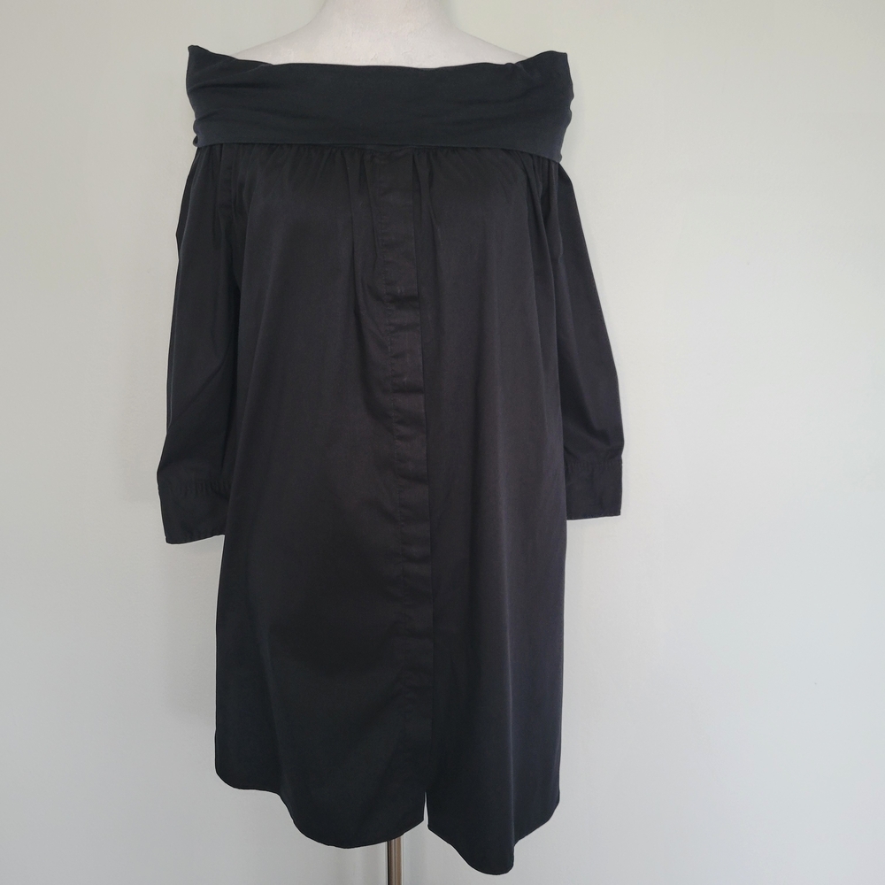 MAX MARA Black 3/4 Sleeves Off Shoulders Button Front Shirt Dress Italy Size 14